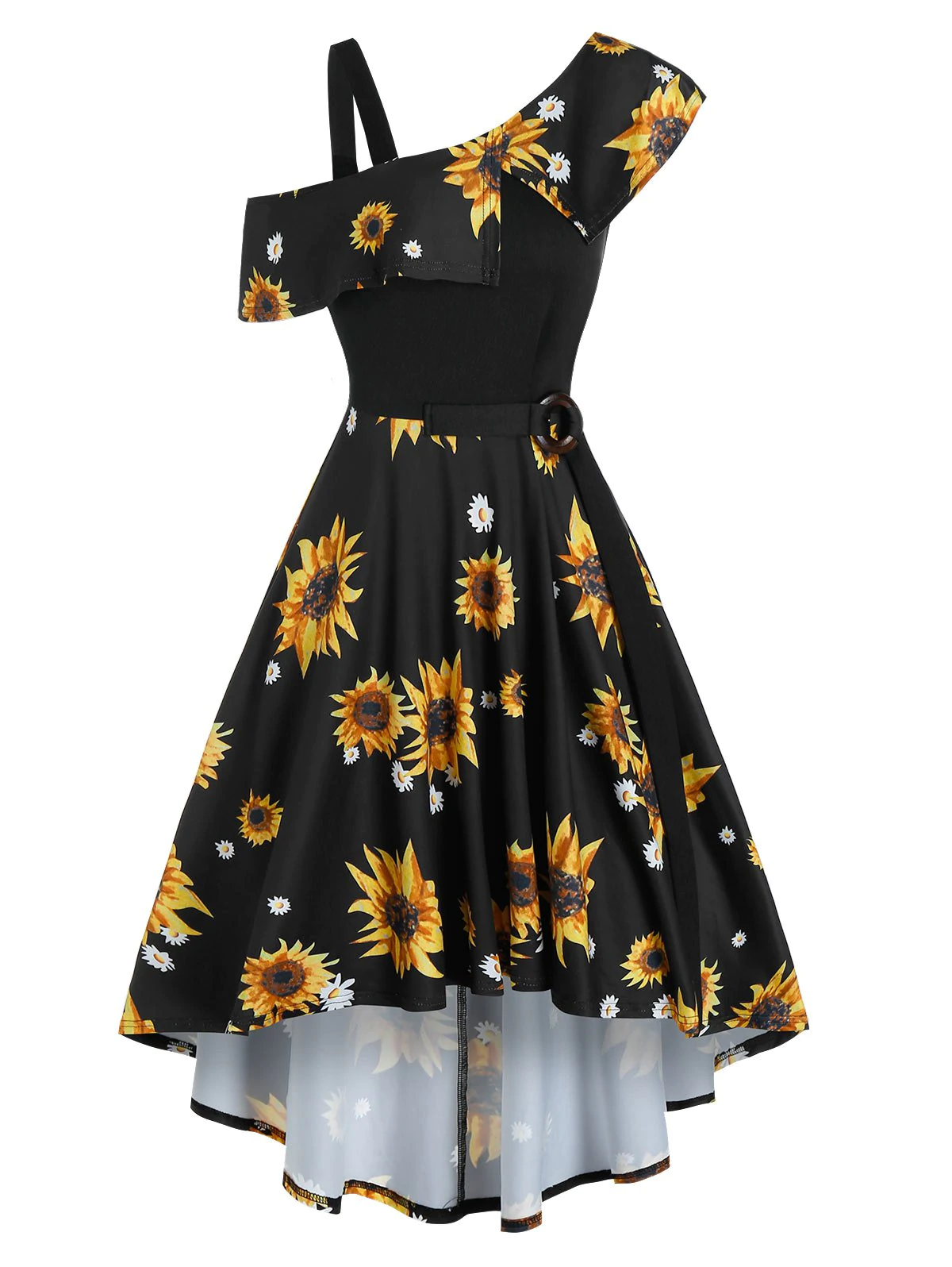 Printed Sunflower O Ring Belt A Line Dress